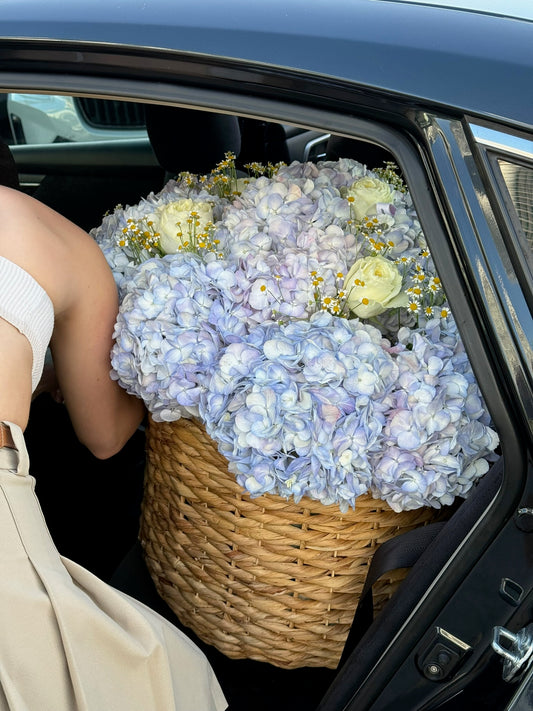 Large Blue Cloud hydrangea flower basket handcrafted with fresh blue hydrangeas, white roses, and chamomile flowers by Valley De Fleur