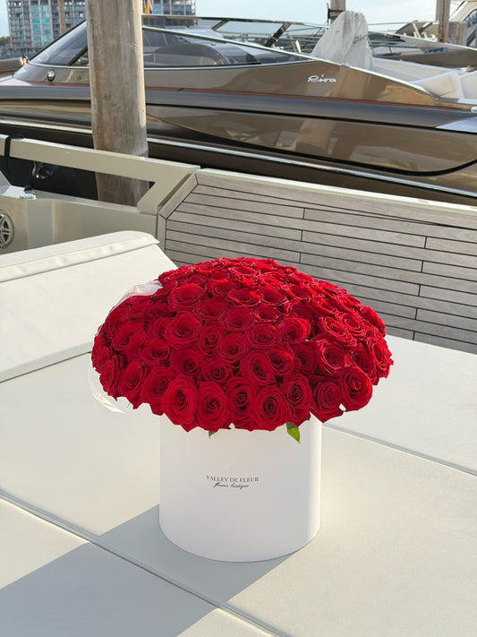 150 Roses in white box by Valley De Fluer
