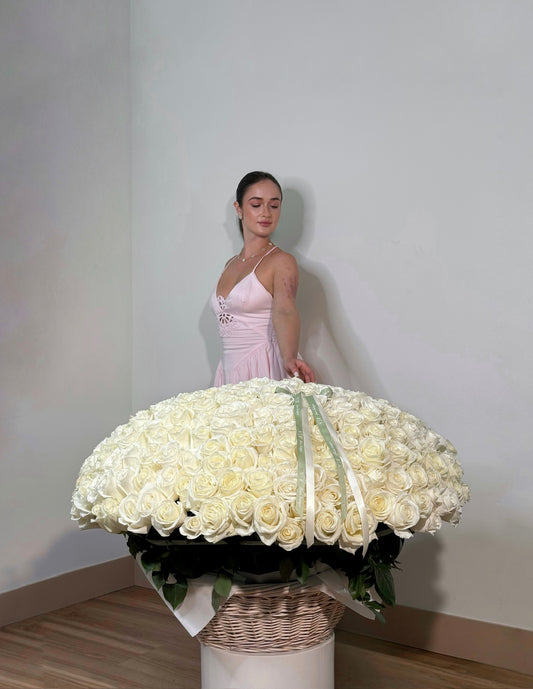 Basket filled with 250 elegant white roses