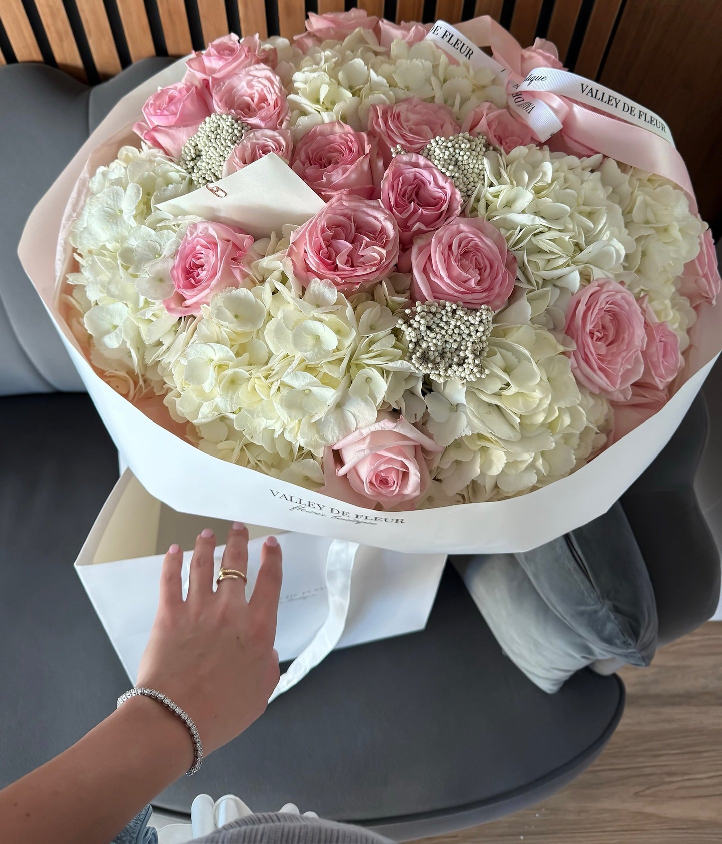 #3  White hydrangea with pink roses