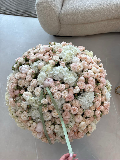 #115 XXL basket with white hydrangea / peonies/ spray roses