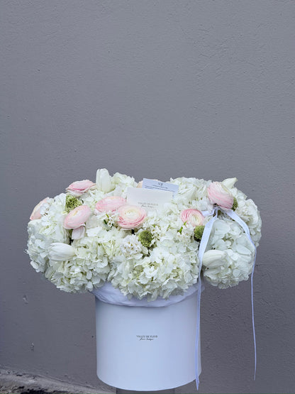 White hydrangeas with blush ranunculus and tulips in a birthday flower arrangement