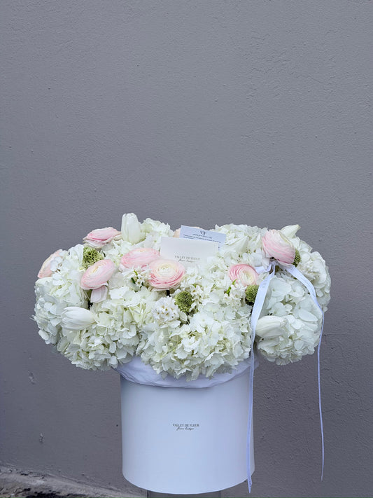 White hydrangeas with blush ranunculus and tulips in a birthday flower arrangement