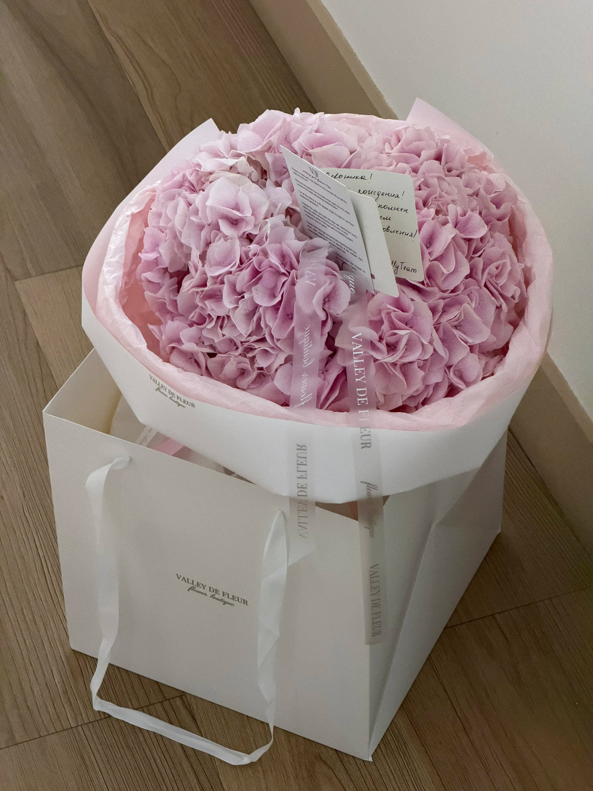 Luxury light pink hydrangea flowers in a soft romantic anniversary bouquet