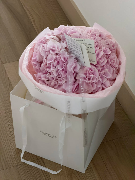Luxury light pink hydrangea flowers in a soft romantic anniversary bouquet