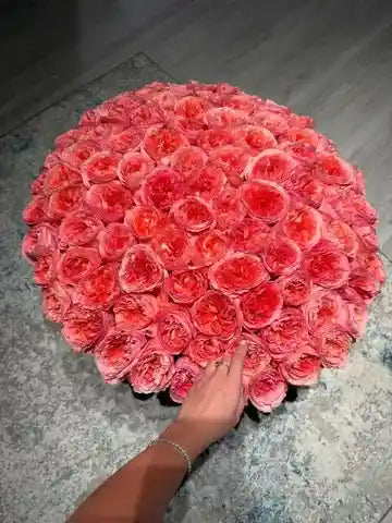Close-up view of peach garden roses basket arrangement showcasing soft peach blooms and delicate petals