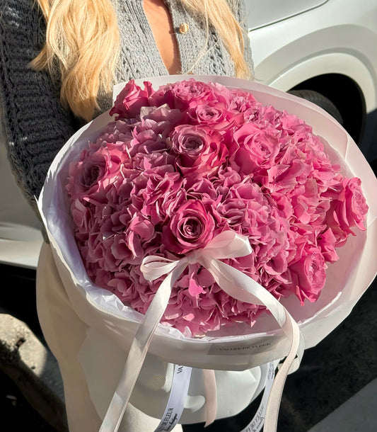 Rosé Luxe bouquet featuring pink hydrangeas and roses