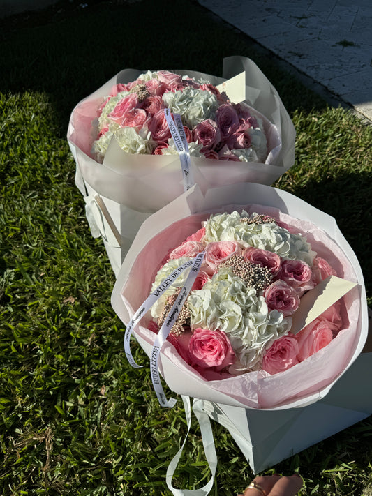 Close-up of pink roses and hydrangeas in a bouquet