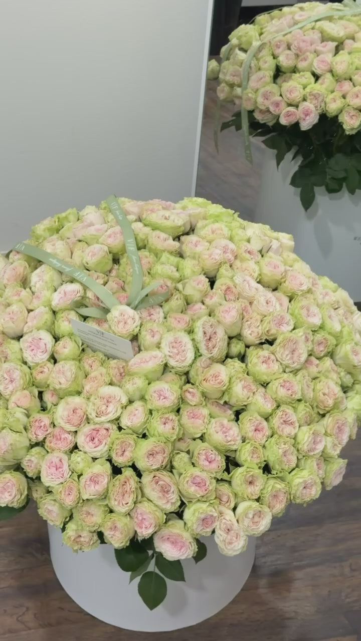 Green spray roses birthday arrangement in an XL white box, ready for delivery across Miami-Dade and Broward County