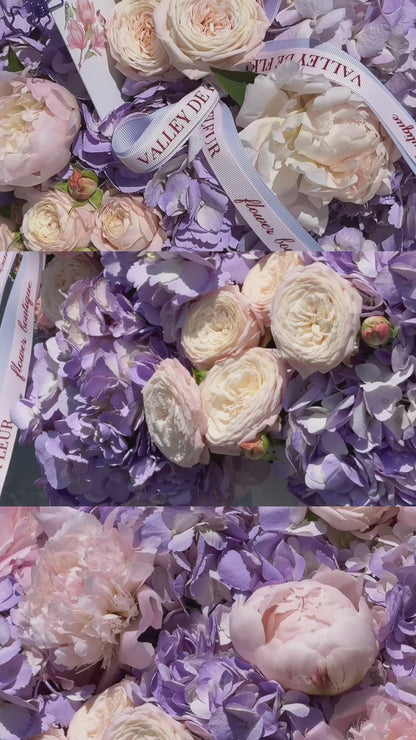 #39 XL Лавандовое облако – Коробка с гортензиями, кустовыми розами и пионами