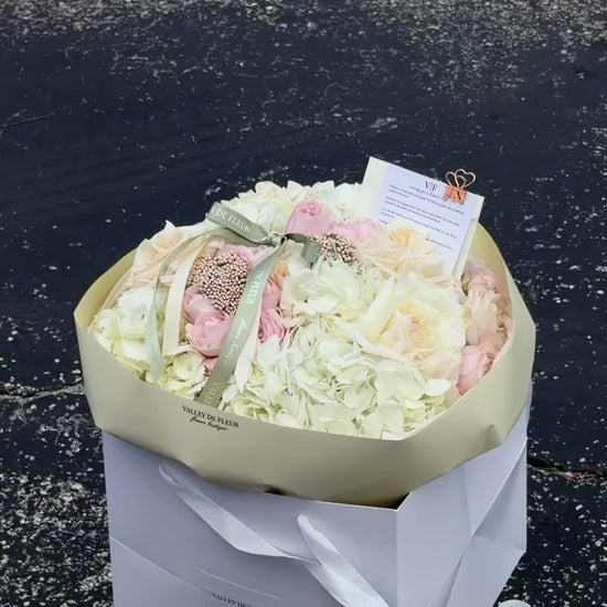 Hydrangeas and mixed roses birthday bouquet ready for flower delivery across Miami-Dade and Broward County