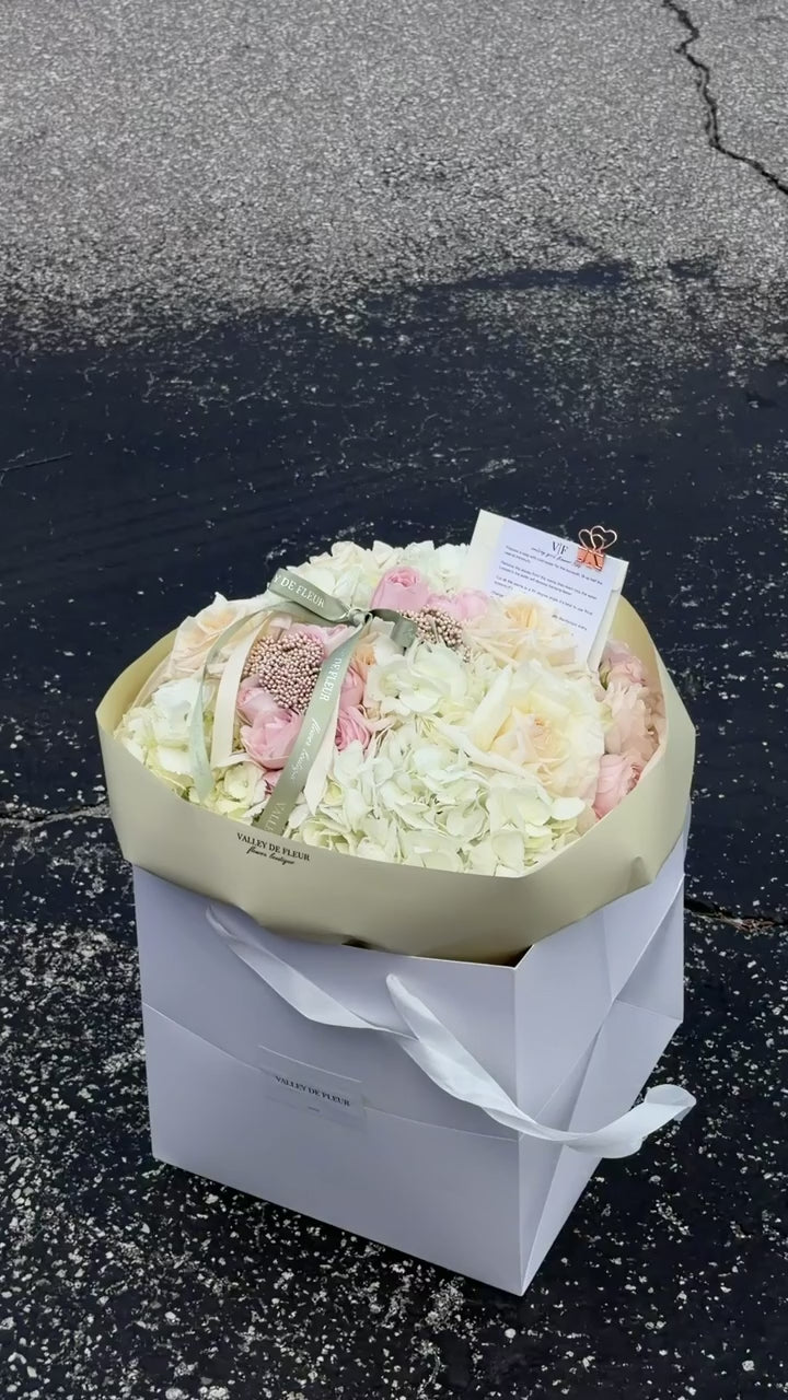 Hydrangeas and mixed roses birthday bouquet ready for flower delivery across Miami-Dade and Broward County