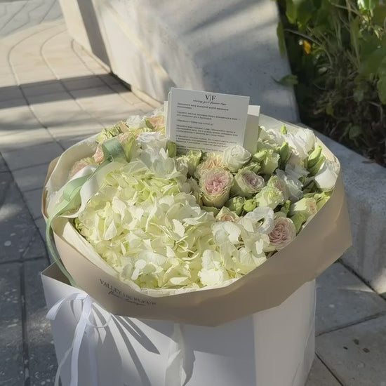 White hydrangeas and green spray roses birthday bouquet ready for delivery across Miami-Dade and Broward County
