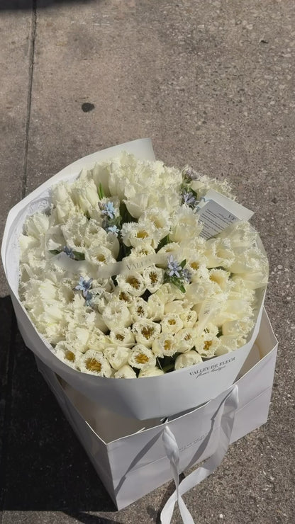 White ruffled tulips birthday bouquet ready for flower delivery across Miami-Dade and Broward County