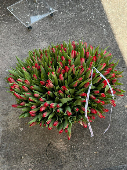 Large basket filled with red tulips for a birthday flower arrangement