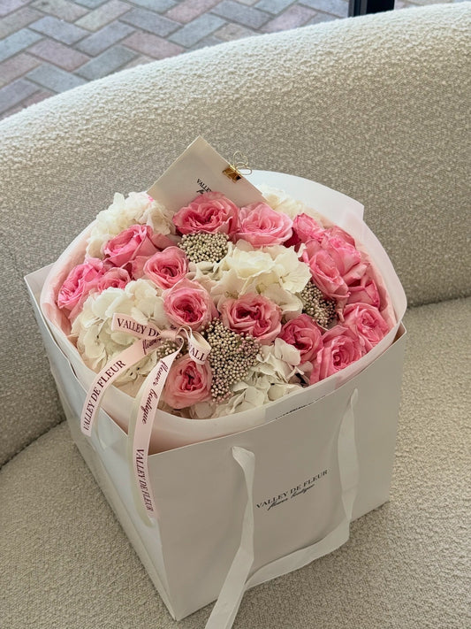 Blush Garden rose and hydrangea bouquet