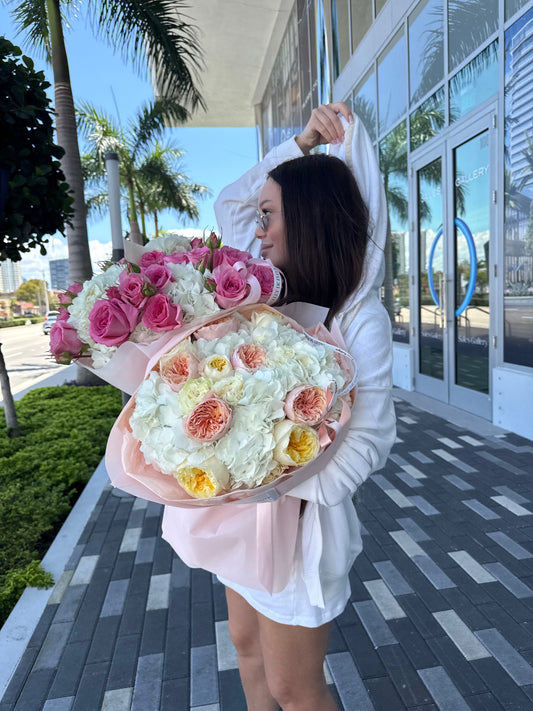 Double Bloom arrangement featuring roses and hydrangeas