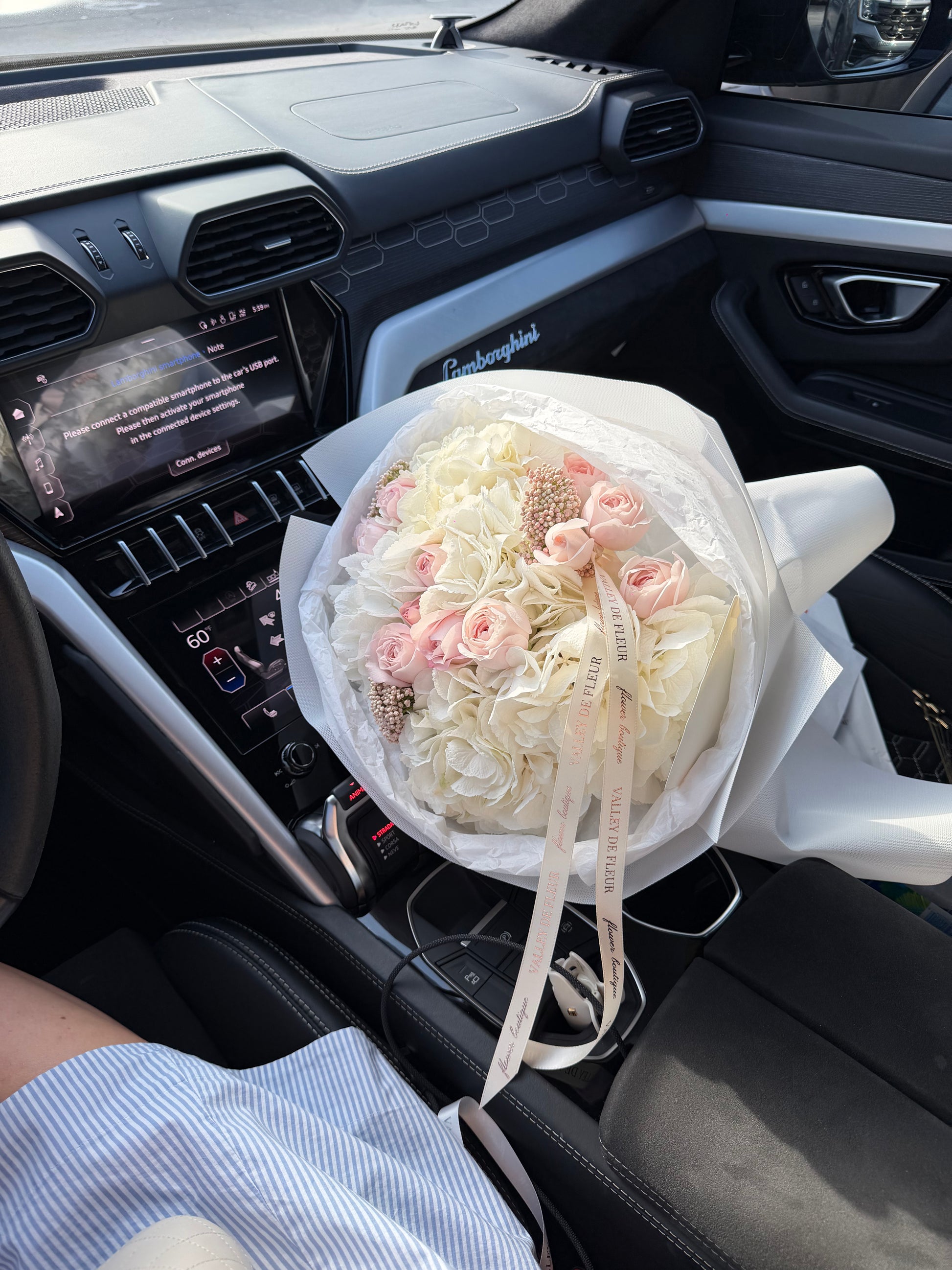 White hydrangea and blush rose bouquet for a romantic anniversary