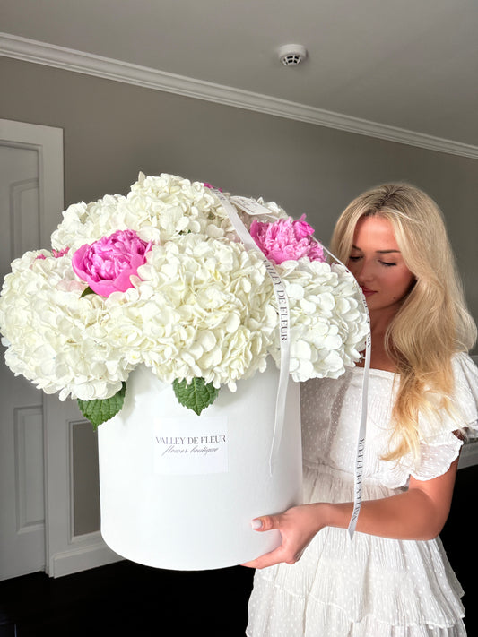 White hydrangeas in Snow and Bloom flower box