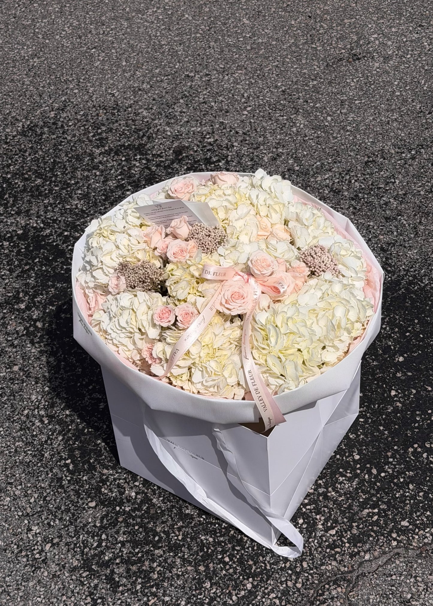 White hydrangeas and light pink Majolica roses arranged as birthday flowers in a wrapped bouquet